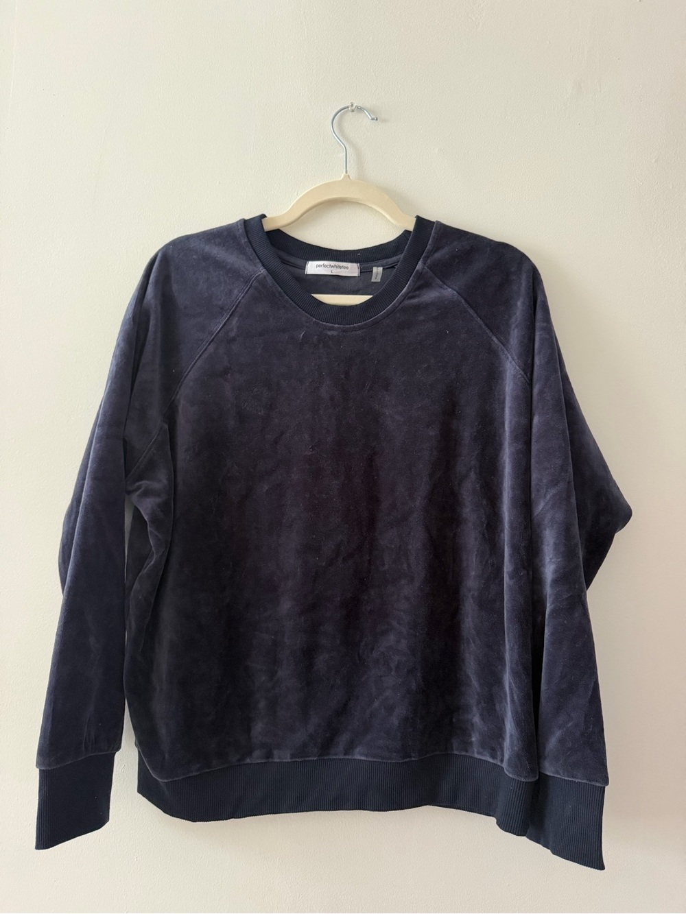 perfectwhitetee Navy Blue Velour Crewneck Sweater